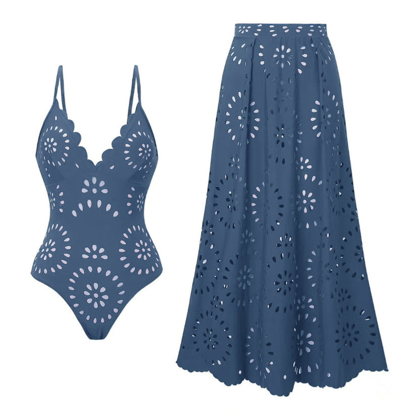 Flower Hollow One Piece Swimsuit and Skirt