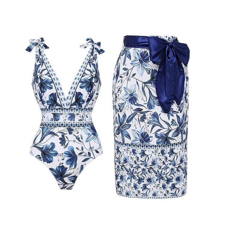 V Neck Lace Up Strip Plant Prints One Piece Swimsuit and Skirt/Sarong