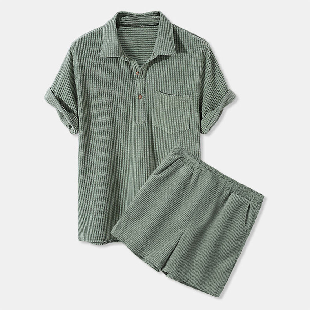 Men's Casual Loose Waffle Short Sleeve Shorts Two-Piece Set